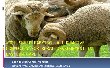 Leon de Beer: General Manager National Wool Growers’ Association of South Africa WOOL SHEEP FARMING: A LUCRATIVE COMMODITY FOR RURAL DEVELOPMENT IN EASTERN.