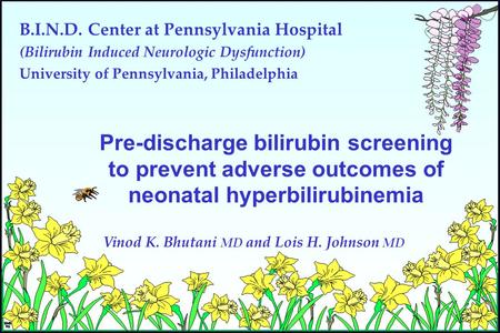 B.I.N.D. Center at Pennsylvania Hospital (Bilirubin Induced Neurologic Dysfunction) University of Pennsylvania, Philadelphia Pre-discharge bilirubin screening.