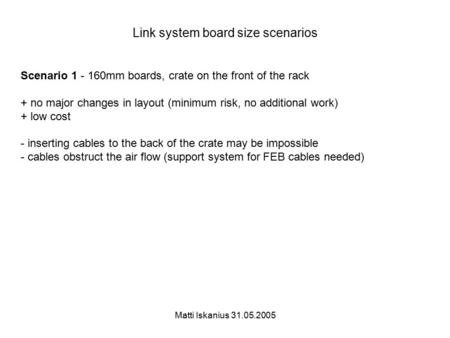 Matti Iskanius 31.05.2005 Link system board size scenarios Scenario 1 - 160mm boards, crate on the front of the rack + no major changes in layout (minimum.