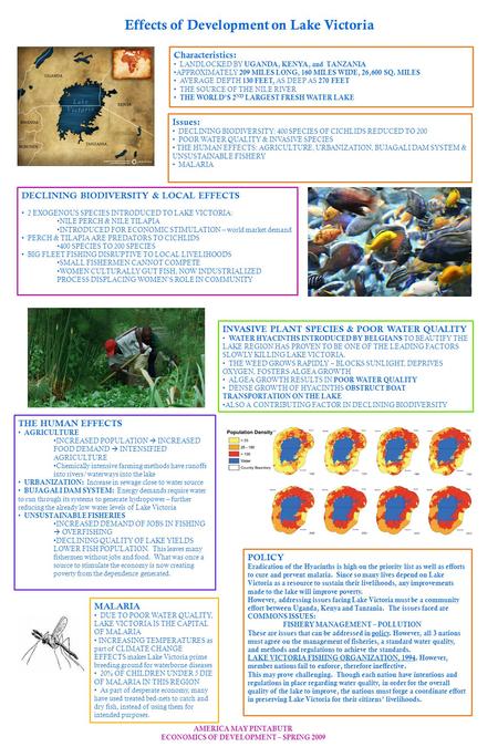 Effects of Development on Lake Victoria Characteristics: LANDLOCKED BY UGANDA, KENYA, and TANZANIA APPROXIMATELY 209 MILES LONG, 160 MILES WIDE, 26,600.