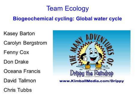 Team Ecology Biogeochemical cycling: Global water cycle Kasey Barton Carolyn Bergstrom Fenny Cox Don Drake Oceana Francis David Tallmon Chris Tubbs.