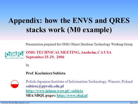 K.Subieta. SBA and SBQL, appendix, slide 1 Sept. 2006 Appendix: how the ENVS and QRES stacks work (M0 example) Presentation prepared for OMG Object Database.