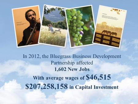 In 2012, the Bluegrass Business Development Partnership affected 1,602 New Jobs With average wages of $46,515 $207,258,158 in Capital Investment.