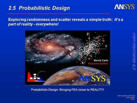 Training Manual 001419 15 Aug 2000 2.5-1 Probabilistic Design: Bringing FEA closer to REALITY! 2.5 Probabilistic Design Exploring randomness and scatter.