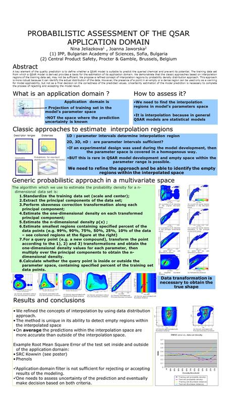 PROBABILISTIC ASSESSMENT OF THE QSAR APPLICATION DOMAIN Nina Jeliazkova 1, Joanna Jaworska 2 (1) IPP, Bulgarian Academy of Sciences, Sofia, Bulgaria (2)