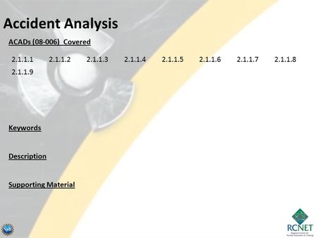 ACADs (08-006) Covered Keywords Description Supporting Material Accident Analysis 2.1.1.12.1.1.22.1.1.32.1.1.42.1.1.52.1.1.62.1.1.72.1.1.8 2.1.1.9.