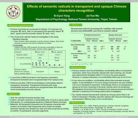  Previous studies have found facilitatory combinability effect in transparent characters, which have semantic radicals with clear meaning. Our results.