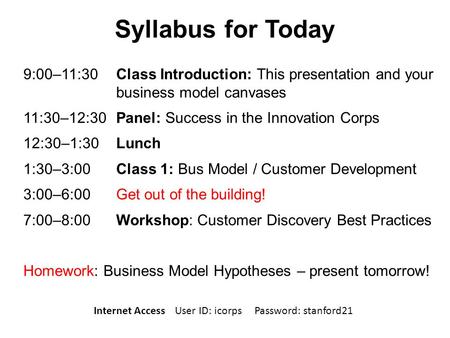 Syllabus for Today 9:00–11:30 Class Introduction: This presentation and your business model canvases 11:30–12:30 Panel: Success in the Innovation Corps.