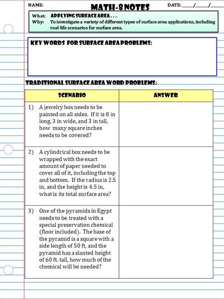 Math-8 NOTES DATE: ______/_______/_______ What: applying surface area... Why: To investigate a variety of different types of surface area applications,