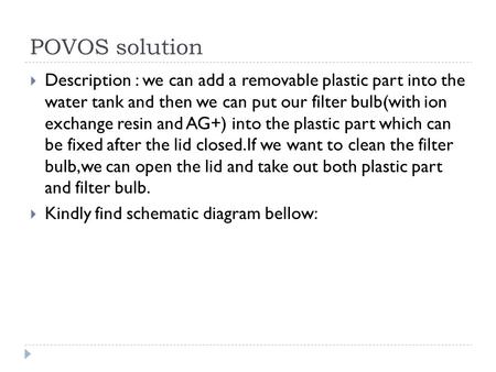 POVOS solution  Description : we can add a removable plastic part into the water tank and then we can put our filter bulb(with ion exchange resin and.