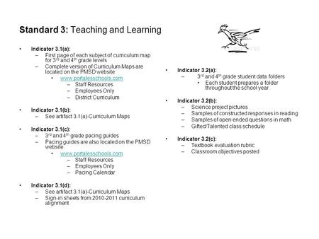 Standard 3: Teaching and Learning Indicator 3.1(a): –First page of each subject of curriculum map for 3 rd and 4 th grade levels –Complete version of Curriculum.