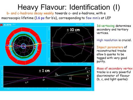 Heavy Flavour: Identification (I) b- and c-hadrons decay weakly towards c- and s-hadrons, with a macroscopic lifetime (1.6 ps for b’s), corresponding to.