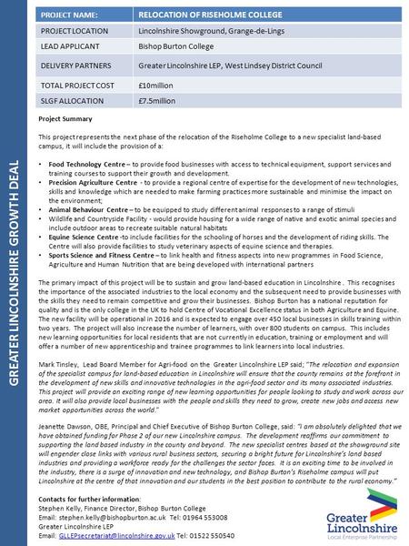 GREATER LINCOLNSHIRE GROWTH DEAL PROJECT NAME: RELOCATION OF RISEHOLME COLLEGE PROJECT LOCATIONLincolnshire Showground, Grange-de-Lings LEAD APPLICANTBishop.