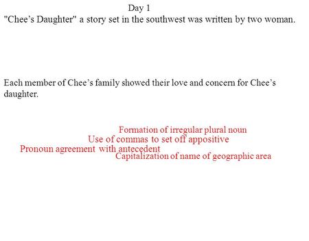 Day 1 Capitalization of name of geographic area Formation of irregular plural noun Pronoun agreement with antecedent Use of commas to set off appositive.