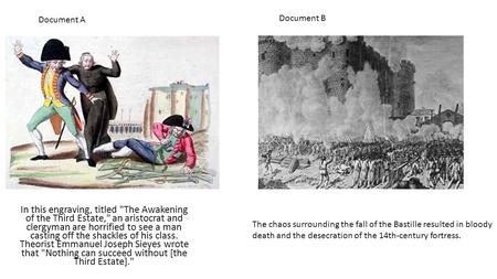 Document A Document B In this engraving, titled The Awakening of the Third Estate, an aristocrat and clergyman are horrified to see a man casting.