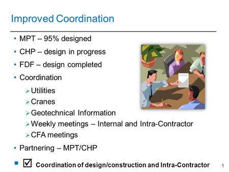 1 MPT – 95% designed CHP – design in progress FDF – design completed Coordination  Utilities  Cranes  Geotechnical Information  Weekly meetings – Internal.