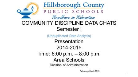 1 COMMUNITY DISCIPLINE DATA CHATS Semester I (Unduplicated Data Analysis) Presentation 2014-2015 Time: 6:00 p.m. – 8:00 p.m. Area Schools Division of Administration.