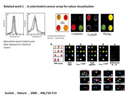 Related work 1 ： A colorimetric sensor array for odour visualization Suslick ， Nature ， 2000 ， 406,710-713 Sn(TPP)(Cl2),Co(TPP)(Cl), Zn(TPP) ， Fe(TFPP)(Cl),