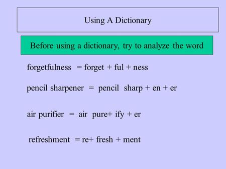 Using A Dictionary Before using a dictionary, try to analyze the word forgetfulness = forget + ful + ness pencil sharpener = pencil sharp + en + er air.