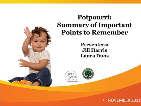 Potpourri: Summary of Important Points to Remember Presenters: Jill Harris Laura Duos NOVEMBER 2011.