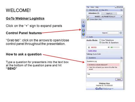 WELCOME! GoTo Webinar Logistics Click on the “+” sign to expand panels