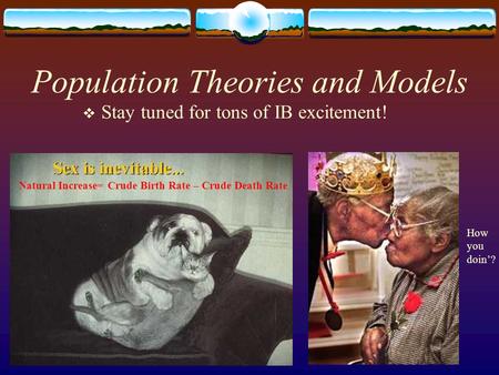 Population Theories and Models  Stay tuned for tons of IB excitement! Natural Increase= Crude Birth Rate – Crude Death Rate How you doin’?