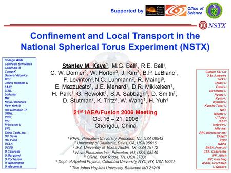 Confinement and Local Transport in the National Spherical Torus Experiment (NSTX) Stanley M. Kaye 1, M.G. Bell 1, R.E. Bell 1, C. W. Domier 2, W. Horton.