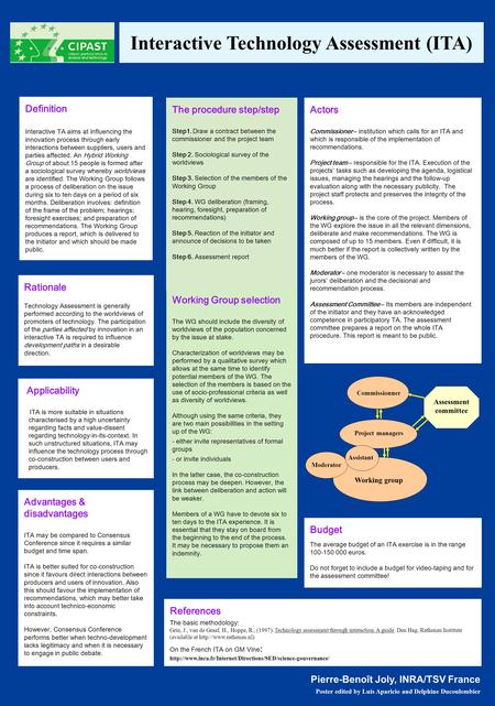 Interactive Technology Assessment (ITA) Definition Interactive TA aims at influencing the innovation process through early interactions between suppliers,