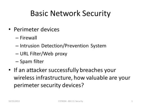 Basic Network Security Perimeter devices – Firewall – Intrusion Detection/Prevention System – URL Filter/Web proxy – Spam filter If an attacker successfully.