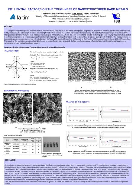 INFLUENTIAL FACTORS ON THE TOUGHNESS OF NANOSTRUCTURED HARD METALS Tamara Aleksandrov Fabijanic 1, Ivan Jeren 2, Vesna Puklavec 2 1 Faculty of Mechanical.