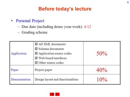 1 Before today’s lecture Personal Project –Due date (including demo your work): 4/12 –Grading scheme Application  All XML documents  Schema documents.