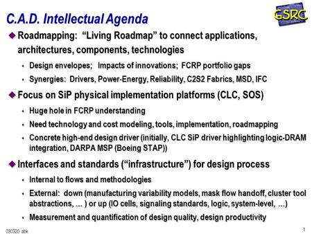 1 030320 abk C.A.D. Intellectual Agenda u Roadmapping: “Living Roadmap” to connect applications, architectures, components, technologies s Design envelopes;