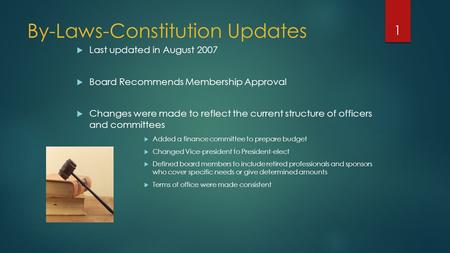 By-Laws-Constitution Updates  Last updated in August 2007  Board Recommends Membership Approval  Changes were made to reflect the current structure.