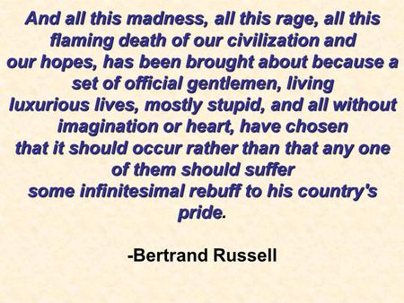 And all this madness, all this rage, all this flaming death of our civilization and our hopes, has been brought about because a set of official gentlemen,