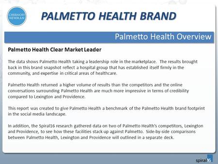 PALMETTO HEALTH BRAND Palmetto Health Overview The data shows Palmetto Health taking a leadership role in the marketplace. The results brought back in.