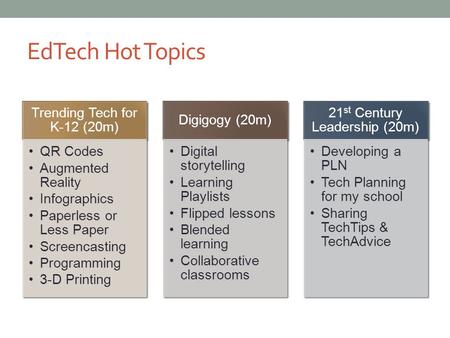 EdTech Hot Topics Trending Tech for K-12 (20m) QR Codes Augmented Reality Infographics Paperless or Less Paper Screencasting Programming 3-D Printing Digigogy.