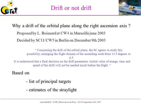 Annie BAGLIN, CNRS, Observatoire de Paris, SC25th September 24th 2007 Drift or not drift Why a drift of the orbital plane along the right ascension axis.