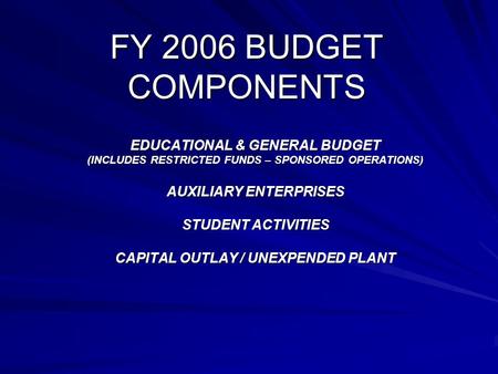 FY 2006 BUDGET COMPONENTS EDUCATIONAL & GENERAL BUDGET (INCLUDES RESTRICTED FUNDS – SPONSORED OPERATIONS) AUXILIARY ENTERPRISES STUDENT ACTIVITIES CAPITAL.