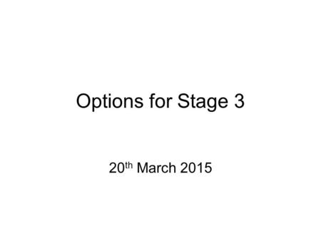 Options for Stage 3 20 th March 2015. Overview General information 2 minute sales pitches for options KITC Projects.