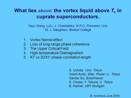 1.Vortex Nernst effect 2.Loss of long-range phase coherence 3.The Upper Critical Field 4.High-temperature Diamagnetism 5.KT vs 3DXY: phase-correlation.