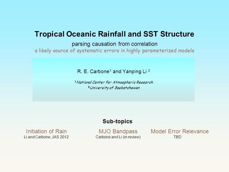 Tropical Oceanic Rainfall and SST Structure parsing causation from correlation a likely source of systematic errors in highly parameterized models R. E.