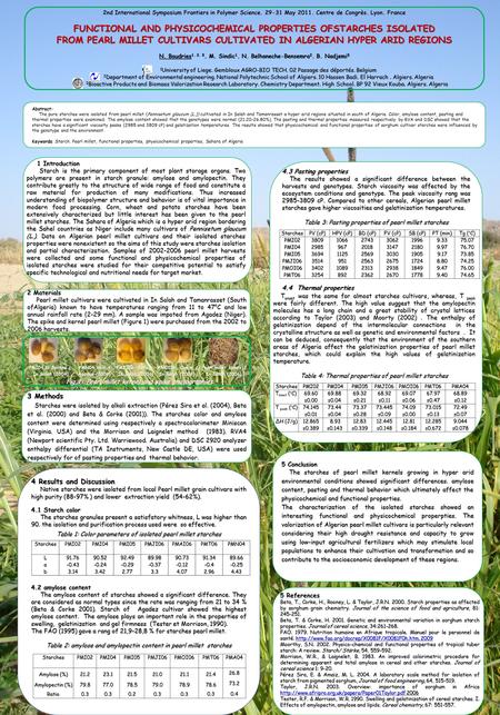 FUNCTIONAL AND PHYSICOCHEMICAL PROPERTIES OFSTARCHES ISOLATED FROM PEARL MILLET CULTIVARS CULTIVATED IN ALGERIAN HYPER ARID REGIONS N. Boudries 1. 2. 3.