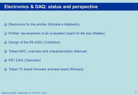  Electronics for the profiler (Michela e Adalberto)  Profiler: development of an evaluation board for the test (Matteo)  Design of the FE-ASIC (Cristoforo)