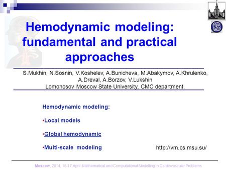 Hemodynamic modeling: fundamental and practical approaches S.Mukhin, N.Sosnin, V.Koshelev, A.Bunicheva, M.Abakymov, A.Khrulenko, A.Dreval, A.Borzov, V.Lukshin.