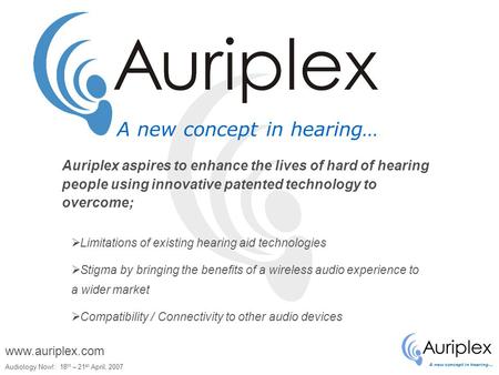 A new concept in hearing… Audiology Now!: 18 th – 21 st April, 2007 www.auriplex.com A new concept in hearing…  Limitations of existing hearing aid technologies.