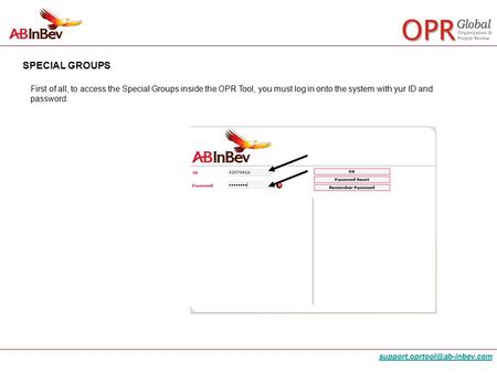 SPECIAL GROUPS First of all, to access the Special Groups inside the OPR Tool, you must log in onto the system with yur ID.