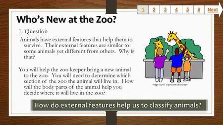 1. Question Animals have external features that help them to survive. Their external features are similar to some animals yet different from others. Why.