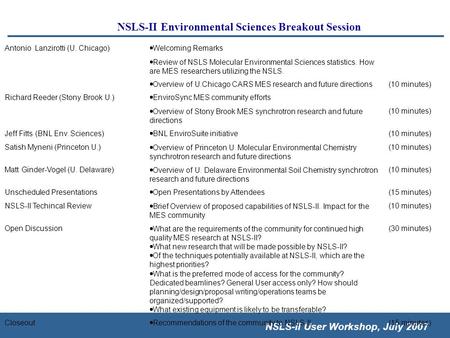 NSLS-II User Workshop, July 2007 NSLS-II Environmental Sciences Breakout Session Antonio Lanzirotti (U. Chicago)  Welcoming Remarks  Review of NSLS Molecular.