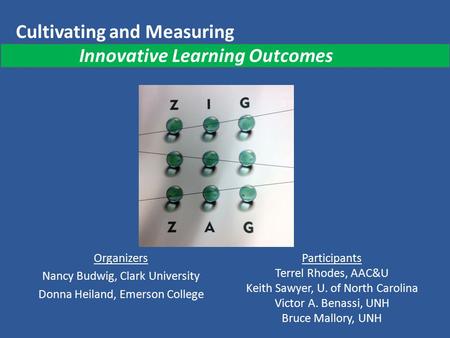 Cultivating and Measuring Innovative Learning Outcomes Organizers Nancy Budwig, Clark University Donna Heiland, Emerson College Participants Terrel Rhodes,