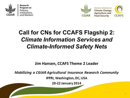 1 Call for CNs for CCAFS Flagship 2: Climate Information Services and Climate-Informed Safety Nets Jim Hansen, CCAFS Theme 2 Leader Mobilizing a CGIAR.